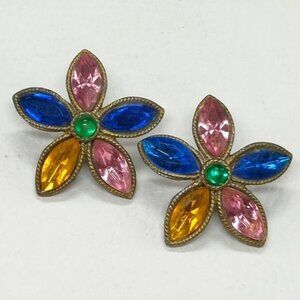 Vtg Flower Post Earrings Brass-Tone Multicolor Fruit Salad Glass Rhinestone